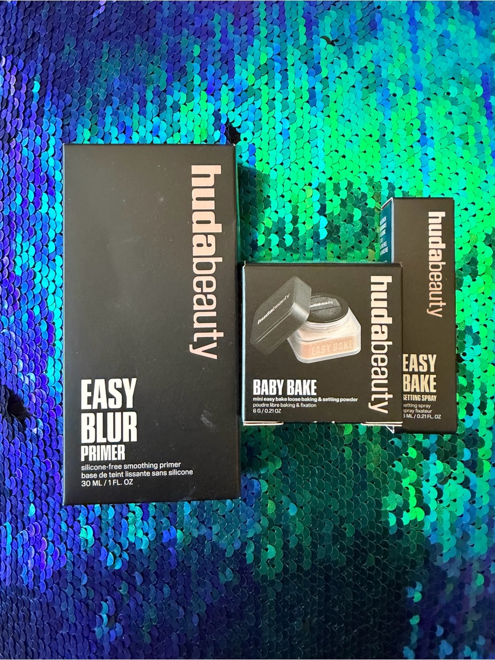 Huda beauty easy blur primer baby bake powder peach pie easy bake spray bundle